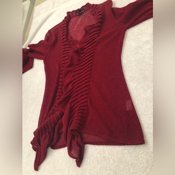 Eileen Fisher Petite Small Rayon Silk Red Cardigan Ruffle Flutter Open Front - Picture 9 of 16